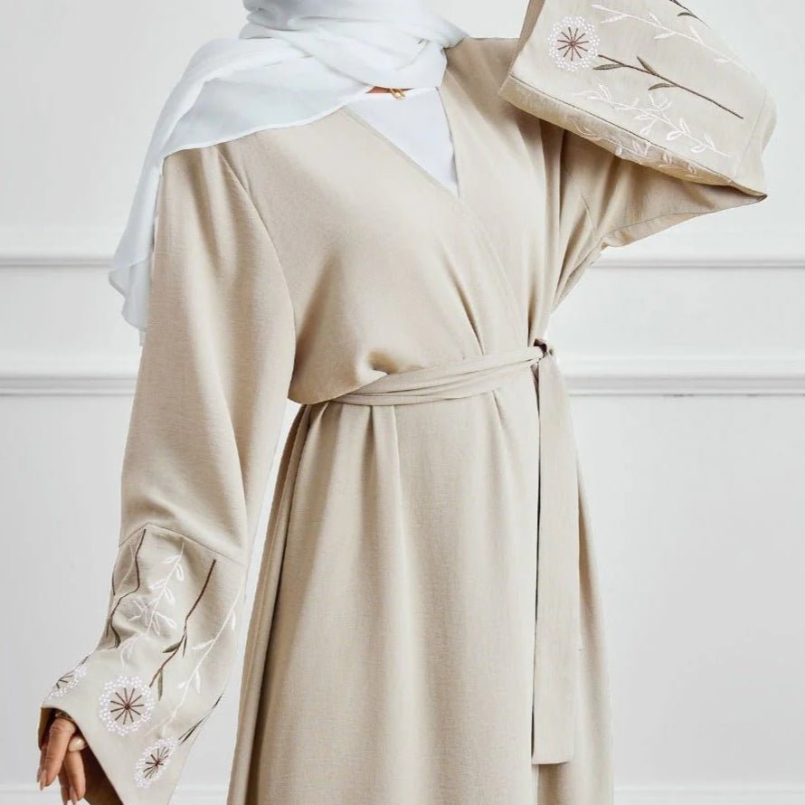 Olive Green Embroidered Abaya Set | Muslim Fashion Cardigan with Belt & Floral Embroidery (MOA166)