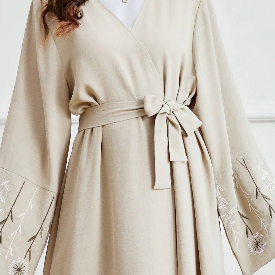 Olive Green Embroidered Abaya Set | Muslim Fashion Cardigan with Belt & Floral Embroidery (MOA166)