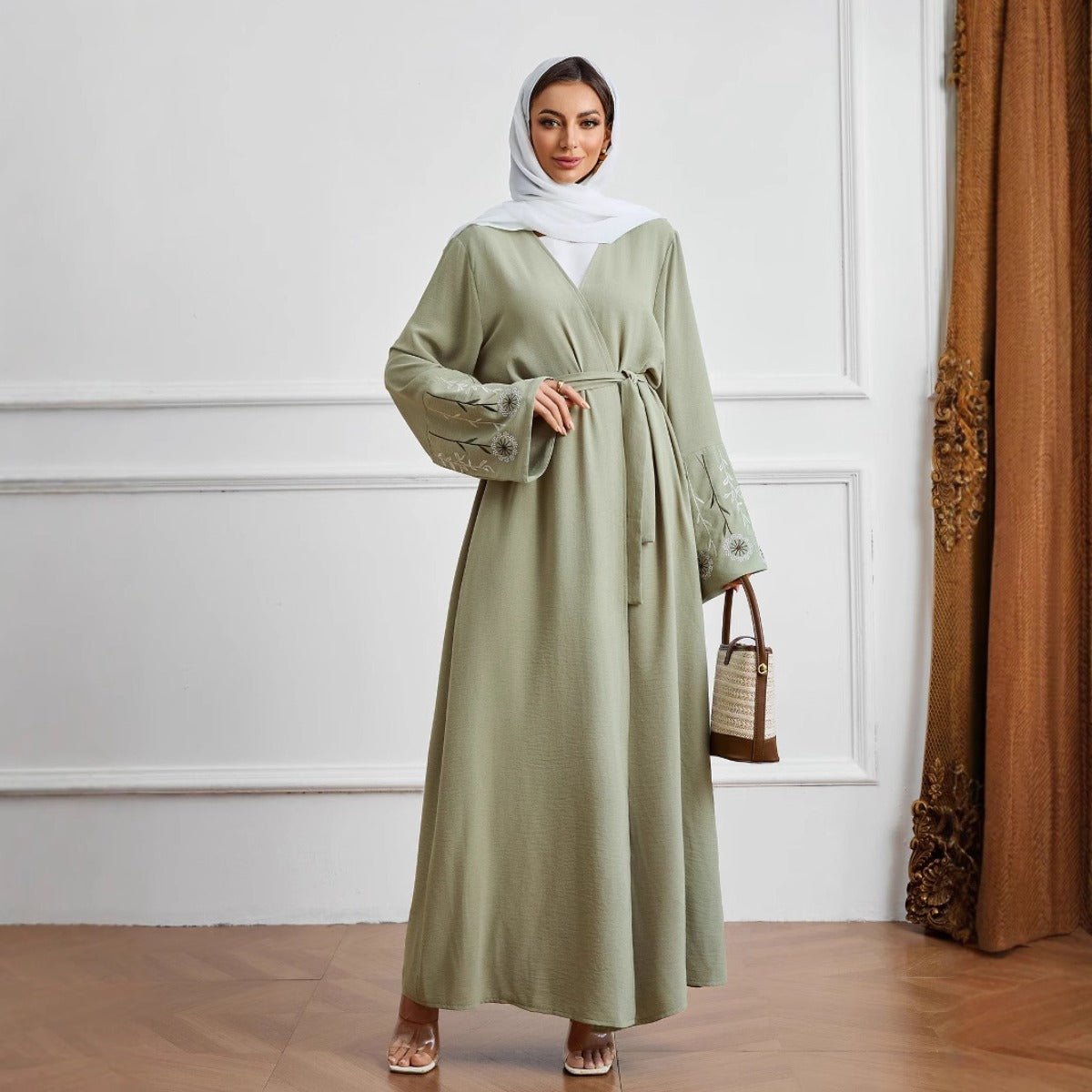 Olive Green Embroidered Abaya Set | Muslim Fashion Cardigan with Belt & Floral Embroidery (MOA166)