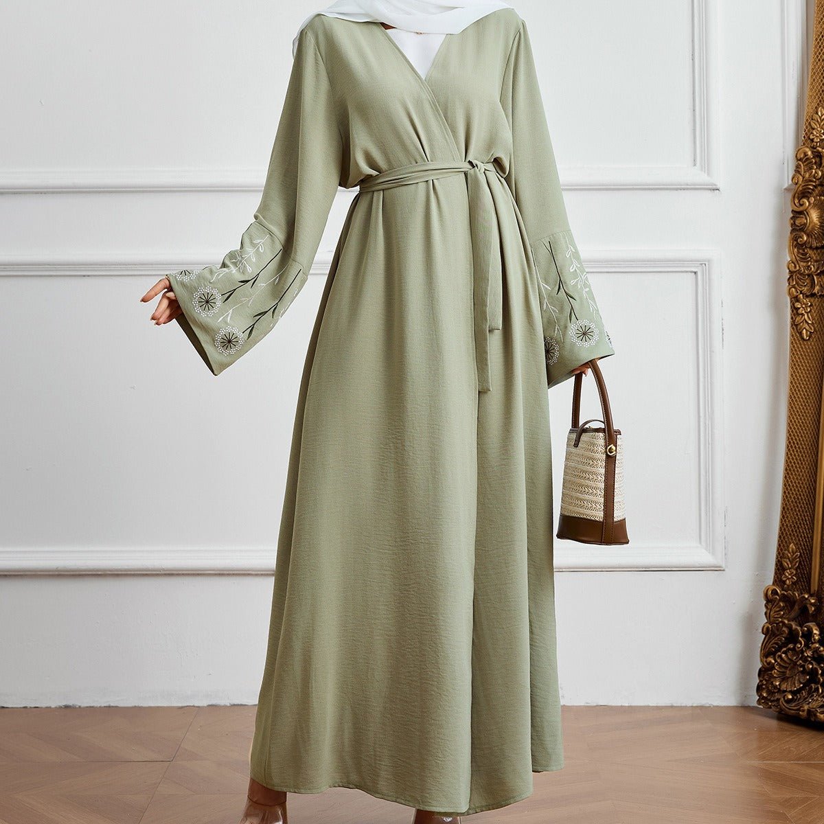Olive Green Embroidered Abaya Set | Muslim Fashion Cardigan with Belt & Floral Embroidery (MOA166)