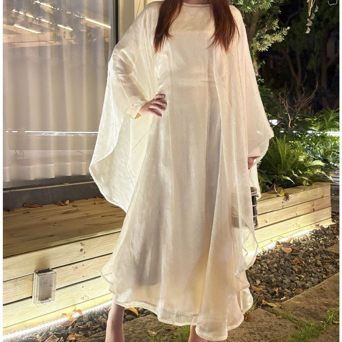 Olive Green Sequin Abaya Dress | Starry Night 2-Piece Maxi Dress with Flowing Cape (MA243)