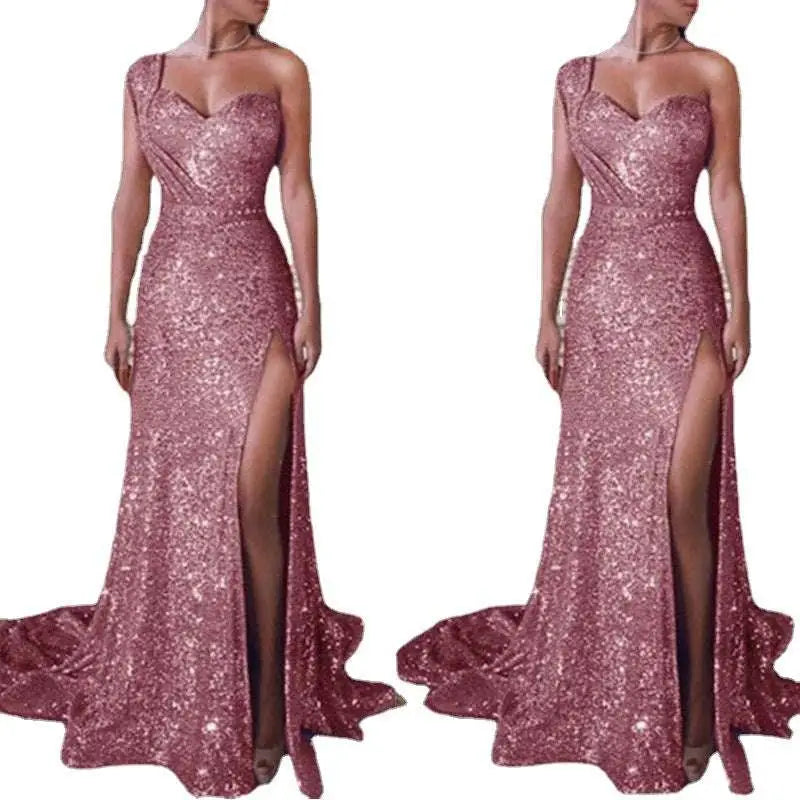 One Shoulder Sleeveless Bronzing Split Dress