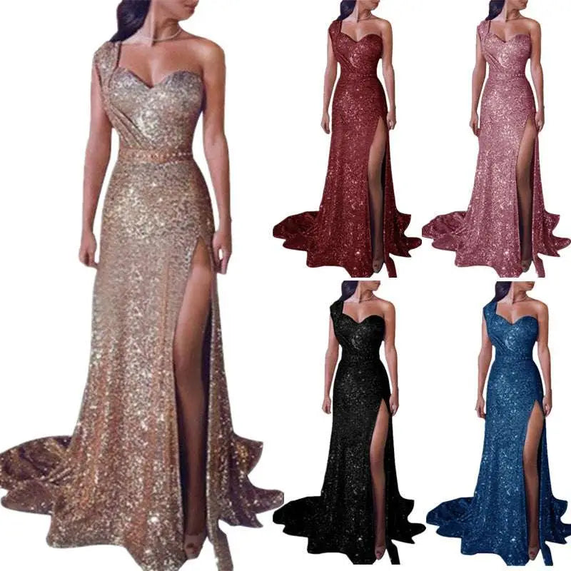 One Shoulder Sleeveless Bronzing Split Dress