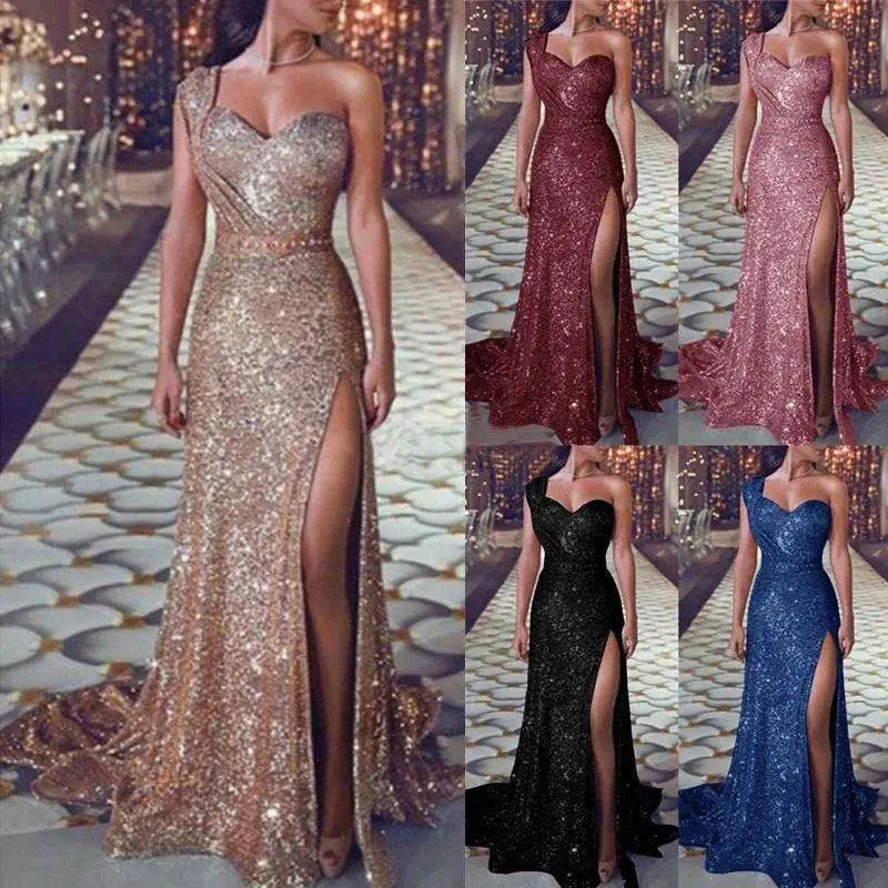 One Shoulder Sleeveless Bronzing Split Dress