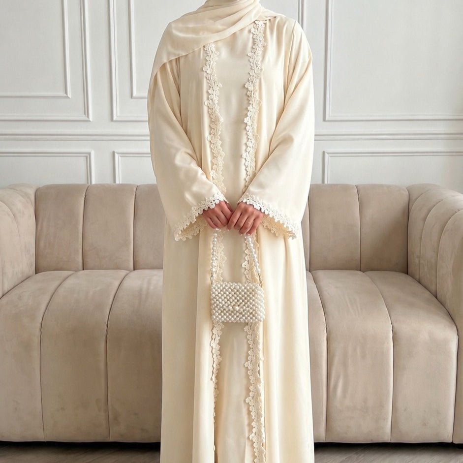 Open Front Abaya with 3D Floral Lace Trim(MOA318)