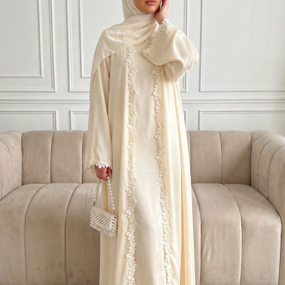 Open Front Abaya with 3D Floral Lace Trim(MOA318)