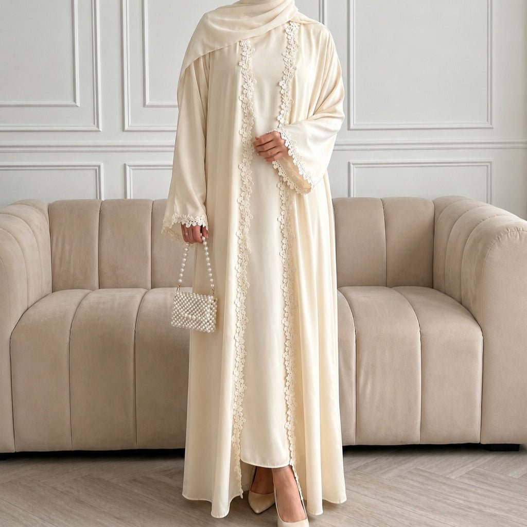 Open Front Abaya with 3D Floral Lace Trim(MOA318)