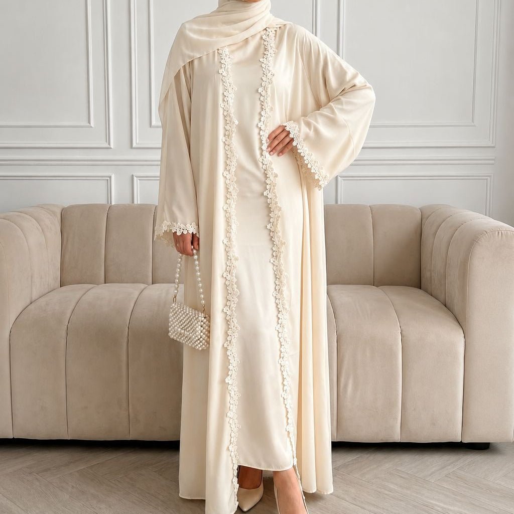 Open Front Abaya with 3D Floral Lace Trim(MOA318)