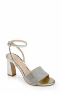 Women Silver Rhinestone Block Heel Sandals Ankle Strap Dress Shoes