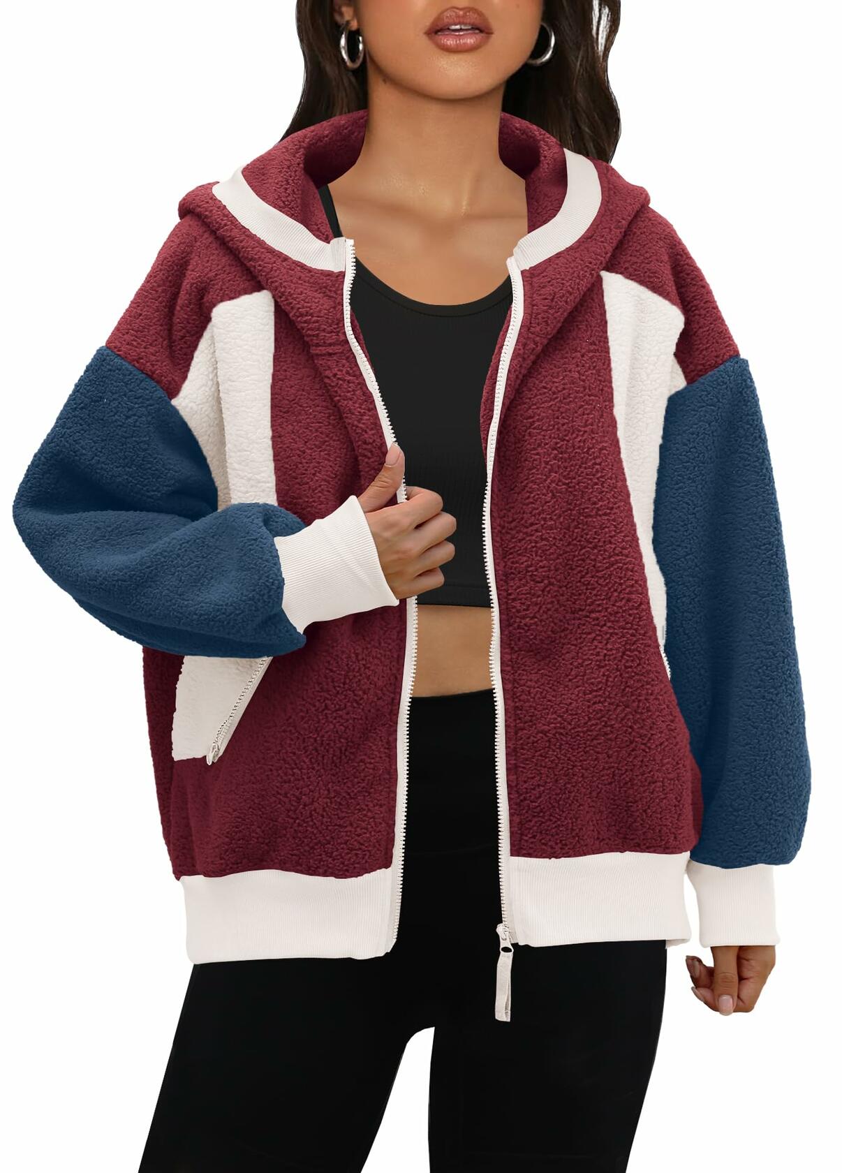 Panadila Womens Fuzzy Fleece Zip Up Oversized Hoodie Burgundy Navy Combo Size M