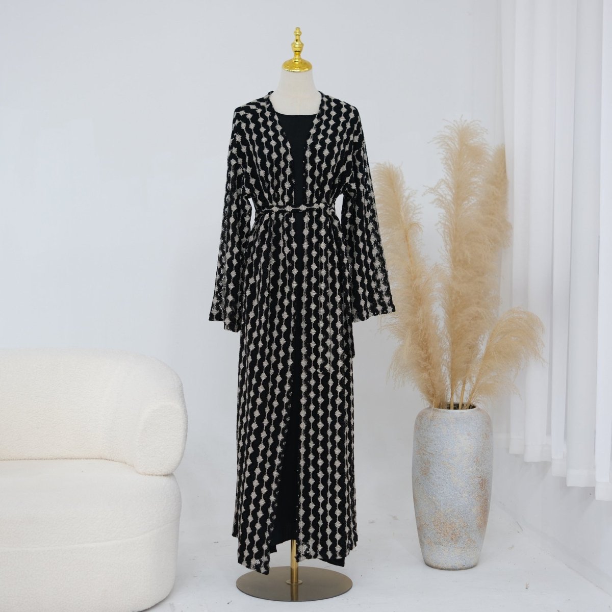 Openwork Lace Knit Open Abaya(MOA327)