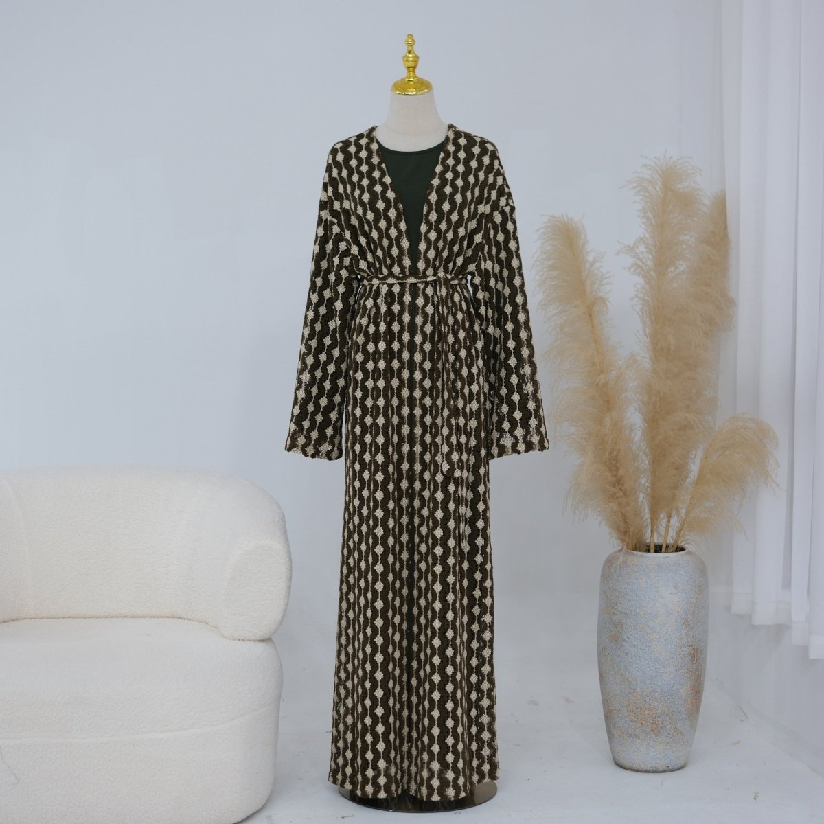 Openwork Lace Knit Open Abaya(MOA327)