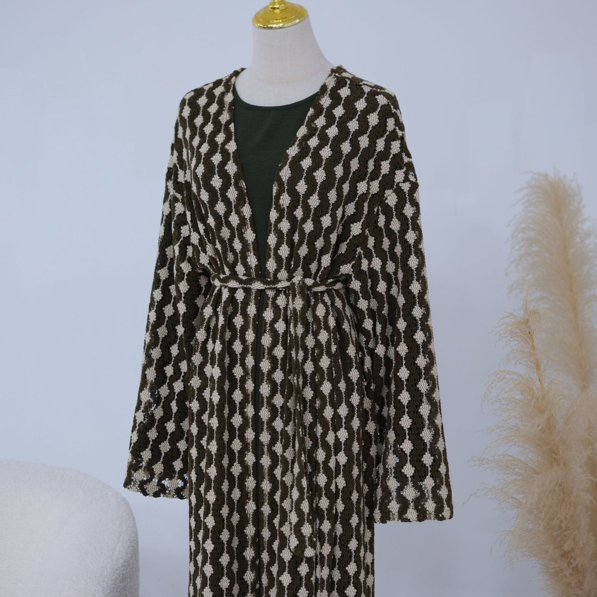 Openwork Lace Knit Open Abaya(MOA327)