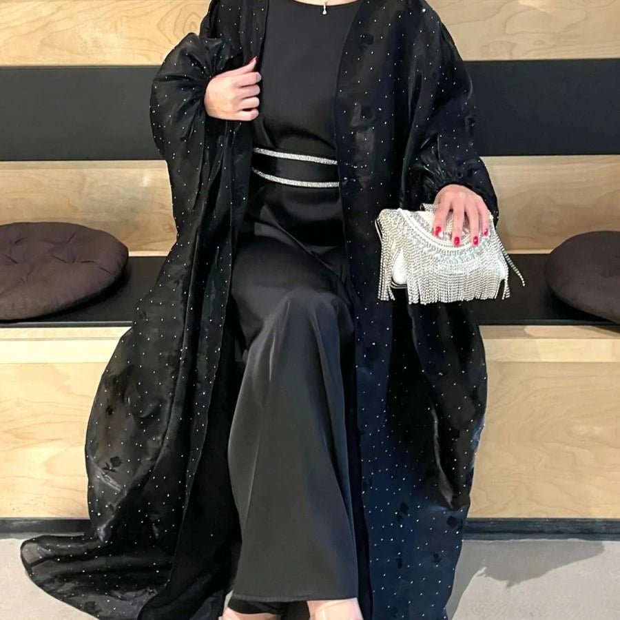 Organza Rose Flower Embroidery Butterfly Open Abaya (MOA115)