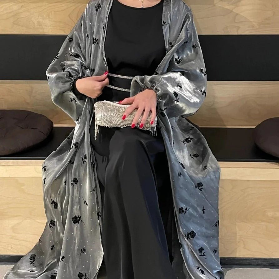 Organza Rose Flower Embroidery Butterfly Open Abaya (MOA115)
