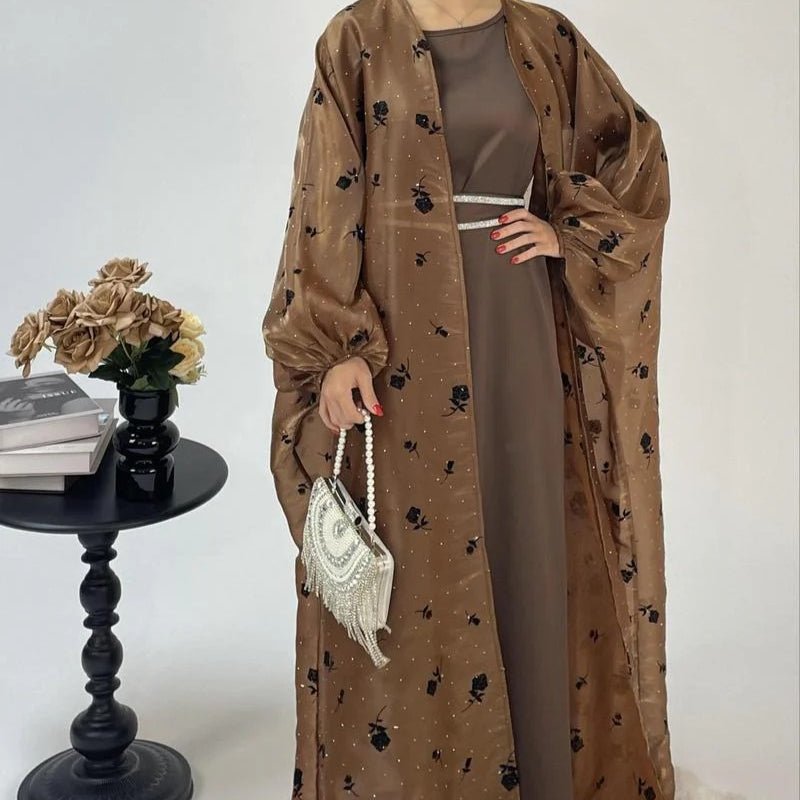 Organza Rose Flower Embroidery Butterfly Open Abaya (MOA115)