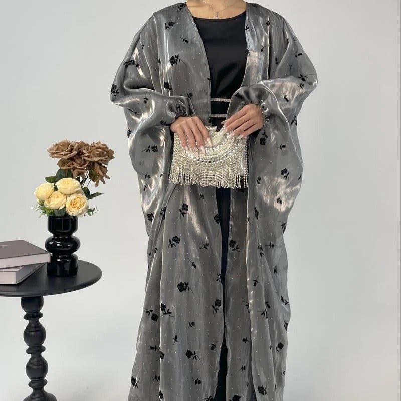Organza Rose Flower Embroidery Butterfly Open Abaya (MOA115)