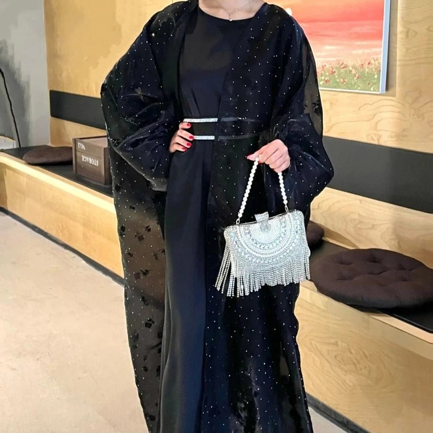 Organza Rose Flower Embroidery Butterfly Open Abaya (MOA115)