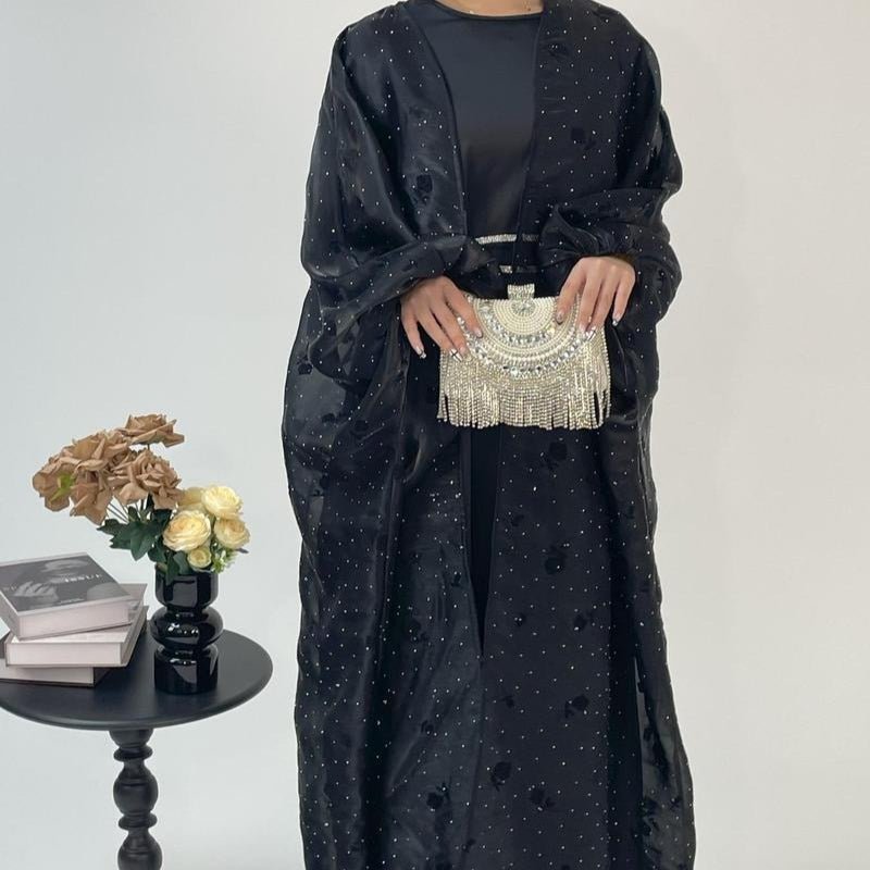 Organza Rose Flower Embroidery Butterfly Open Abaya (MOA115)