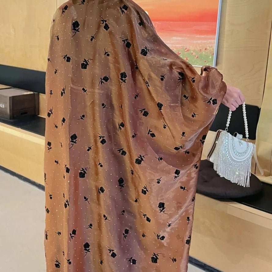 Organza Rose Flower Embroidery Butterfly Open Abaya (MOA115)