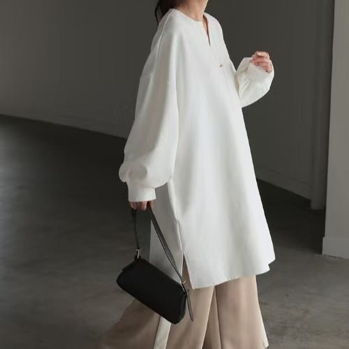 Oversized Cotton Sweatshirt Tunic | V-Neck Long Sleeve Pullover Top(MS210)