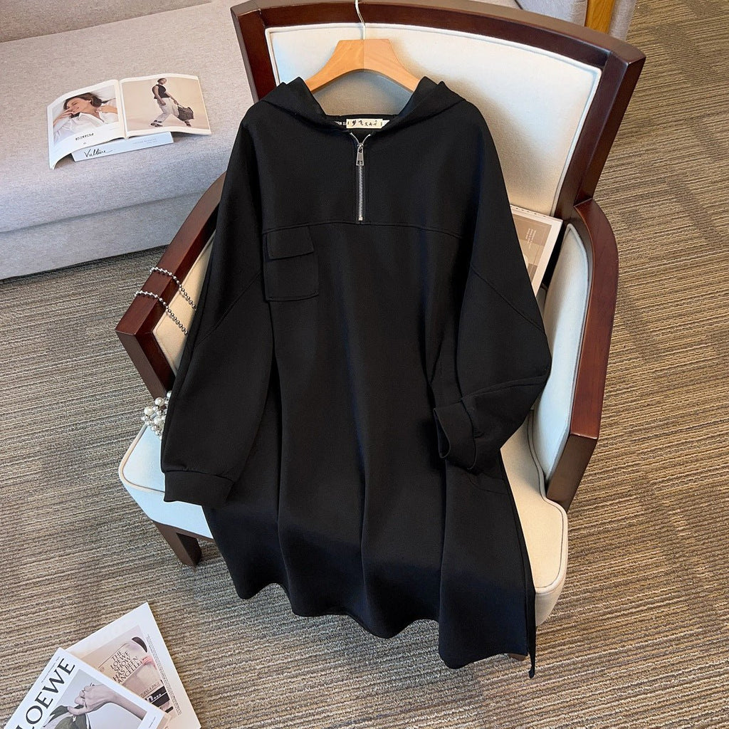 Oversized Half-Zip Hoodie Dress | Plus Size Midi Sweatshirt Dress(MS196)