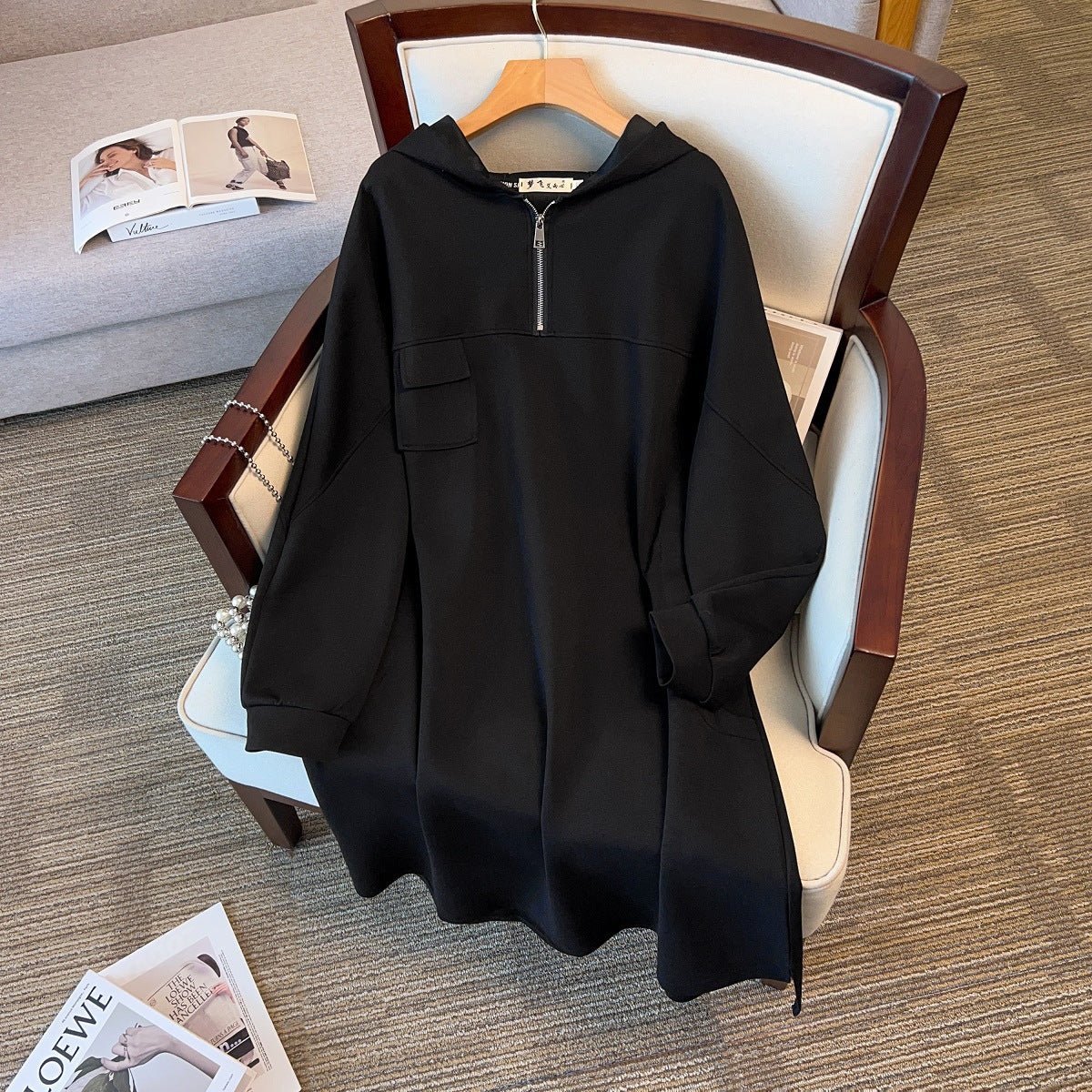 Oversized Half-Zip Hoodie Dress | Plus Size Midi Sweatshirt Dress(MS196)