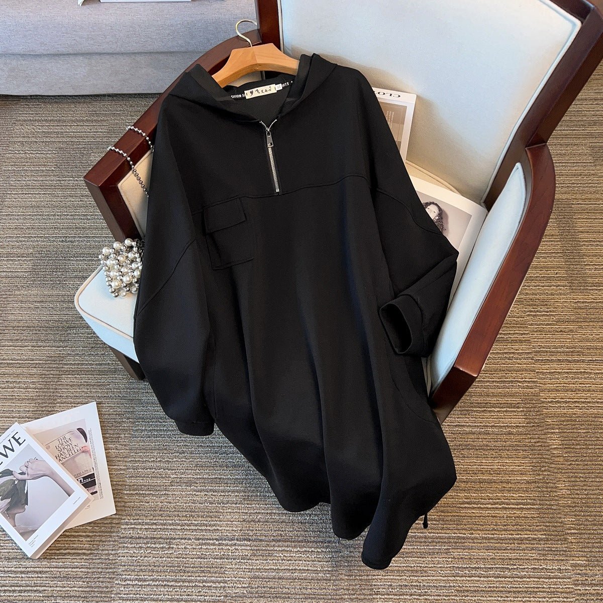 Oversized Half-Zip Hoodie Dress | Plus Size Midi Sweatshirt Dress(MS196)