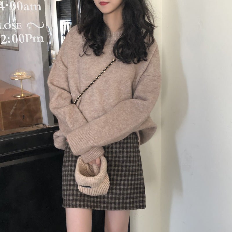 Oversized Round Neck Pullover Sweater | Solid Color Knit Base Layer Top(MS168)