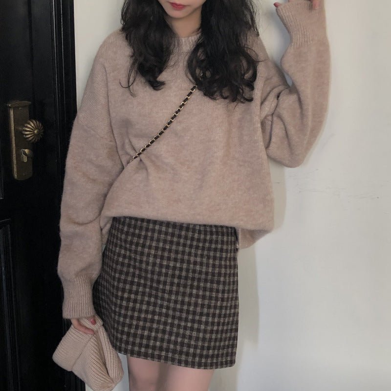 Oversized Round Neck Pullover Sweater | Solid Color Knit Base Layer Top(MS168)