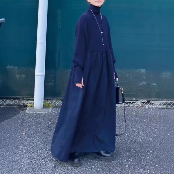 Oversized Turtleneck Maxi Dress | Bubble Sleeve Sweater Dress(MS180)