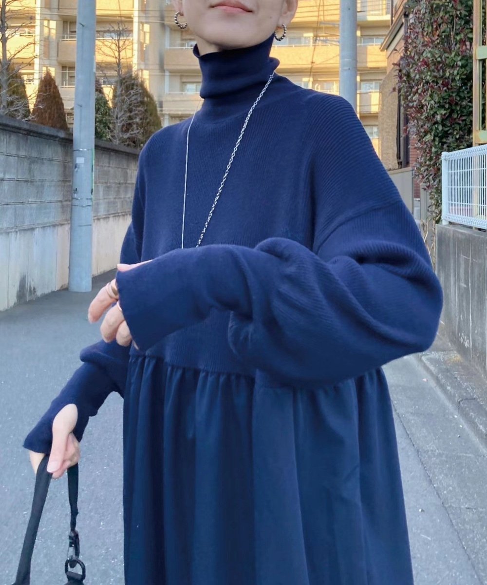 Oversized Turtleneck Maxi Dress | Bubble Sleeve Sweater Dress(MS180)