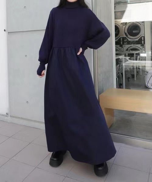 Oversized Turtleneck Maxi Dress | Bubble Sleeve Sweater Dress(MS180)