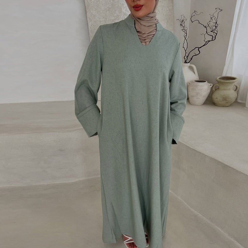 Oversized V-Neck Abaya with Pockets | Solid Color Maxi Dress with Wide Cuffs(MA331)