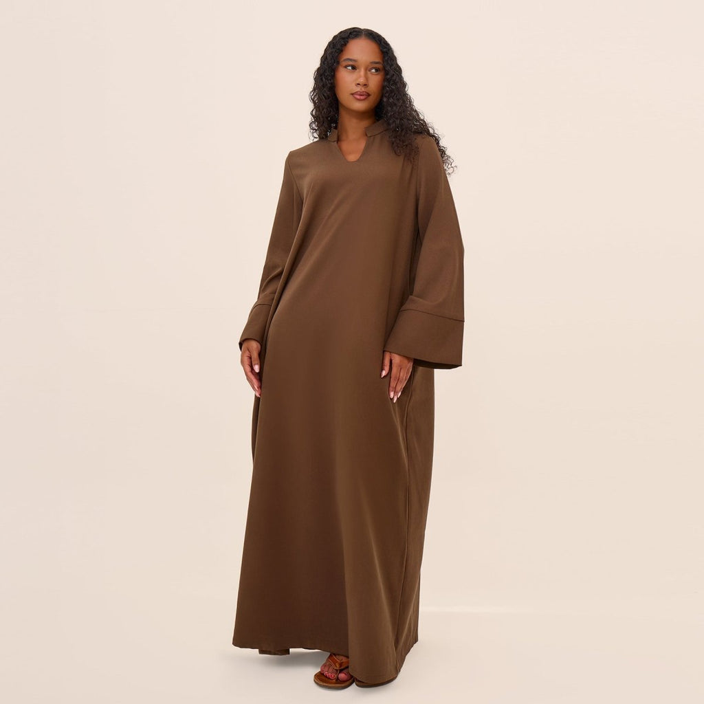 Oversized V-Neck Abaya with Pockets | Solid Color Maxi Dress with Wide Cuffs(MA331)