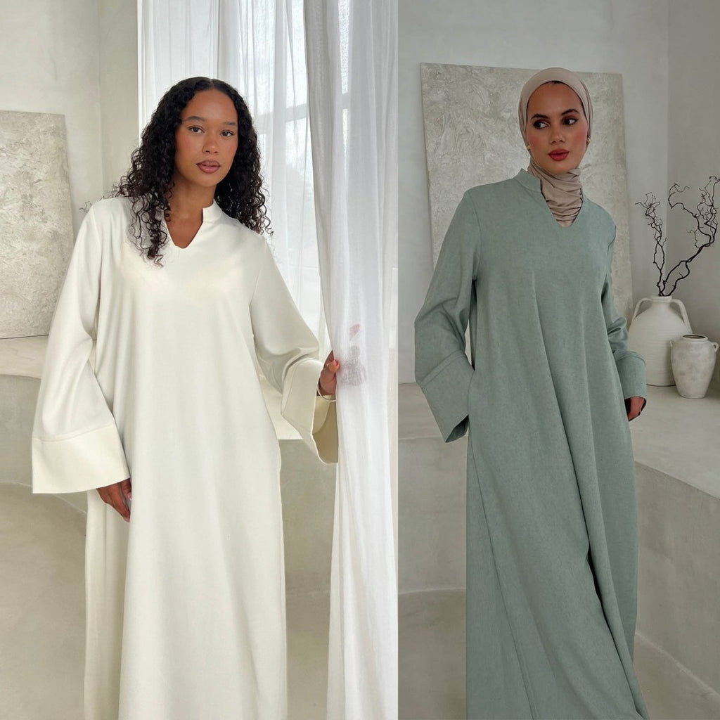 Oversized V-Neck Abaya with Pockets | Solid Color Maxi Dress with Wide Cuffs(MA331)