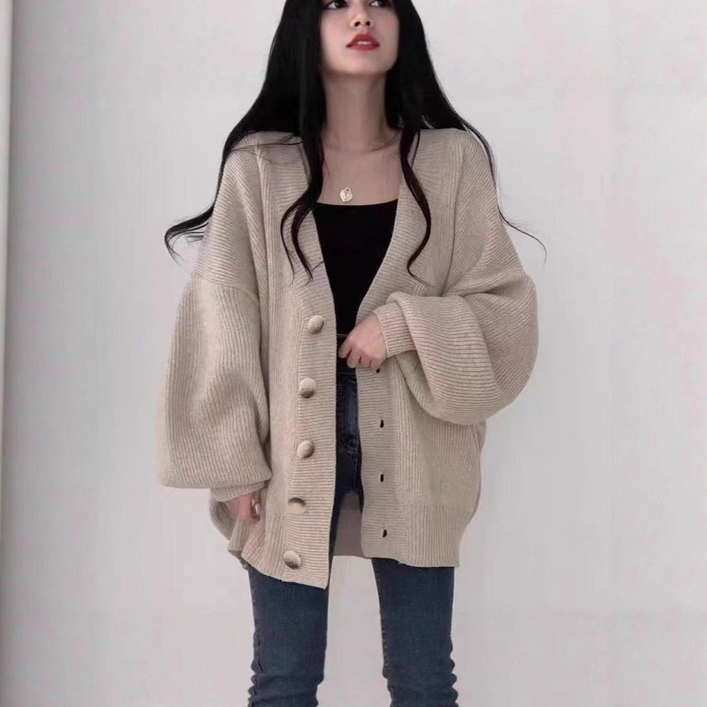 Oversized V-Neck Bubble Sleeve Cardigan(MS167)