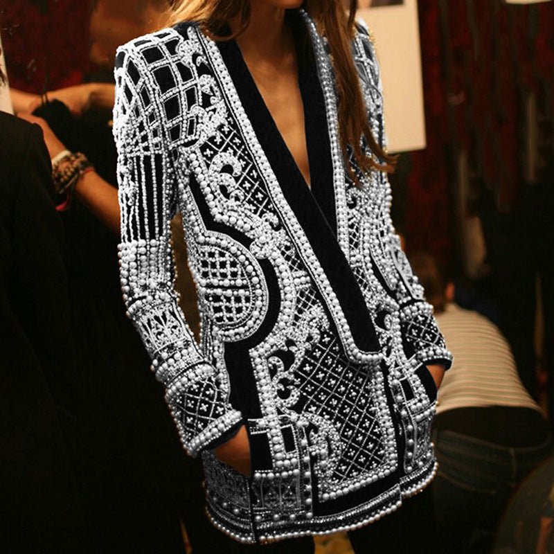 Pearl & Bead Embellished Vintage Blazer | Geometric Print Luxury Jacket(MS218)