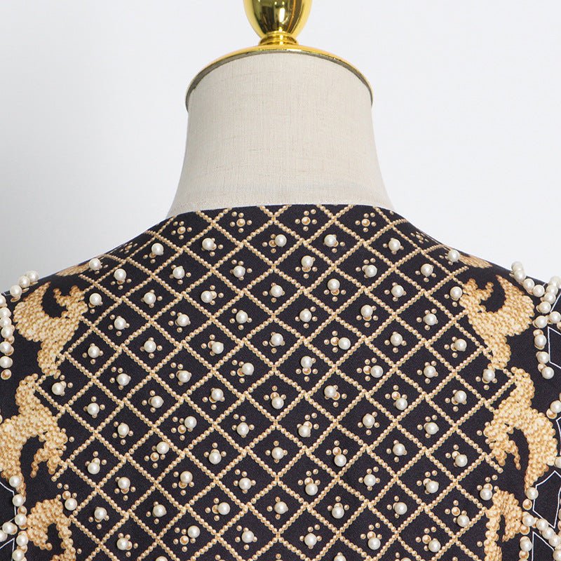 Pearl & Bead Embellished Vintage Blazer | Geometric Print Luxury Jacket(MS218)