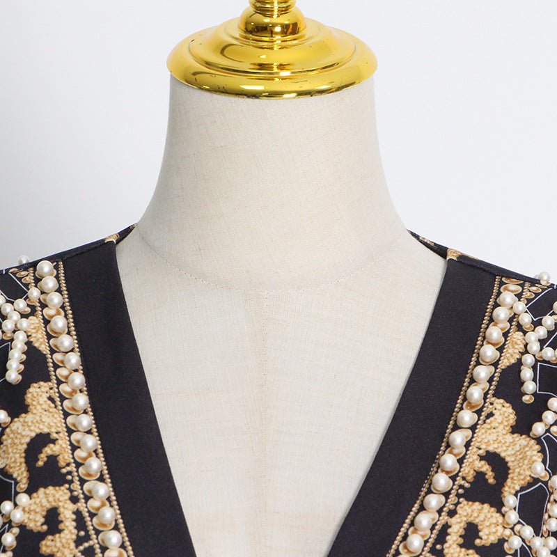 Pearl & Bead Embellished Vintage Blazer | Geometric Print Luxury Jacket(MS218)