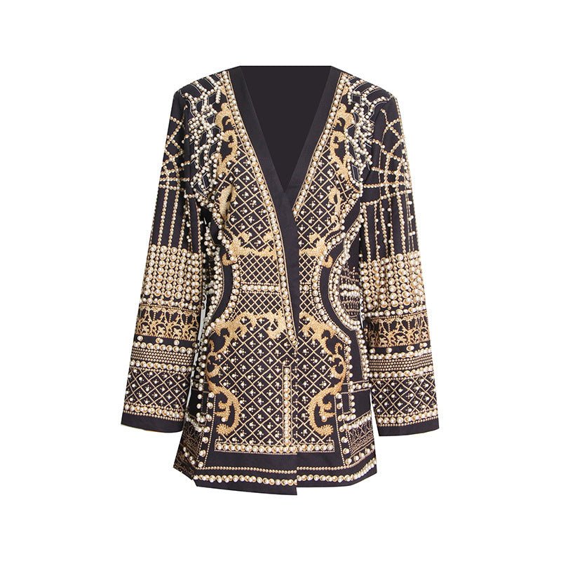 Pearl & Bead Embellished Vintage Blazer | Geometric Print Luxury Jacket(MS218)