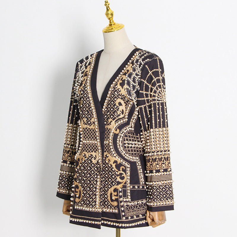 Pearl & Bead Embellished Vintage Blazer | Geometric Print Luxury Jacket(MS218)