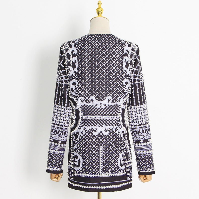 Pearl & Bead Embellished Vintage Blazer | Geometric Print Luxury Jacket(MS218)