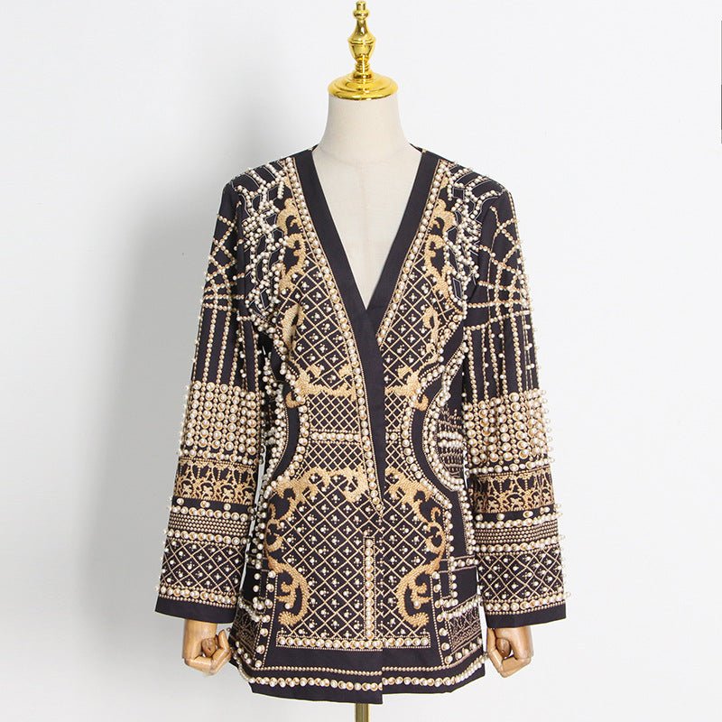 Pearl & Bead Embellished Vintage Blazer | Geometric Print Luxury Jacket(MS218)