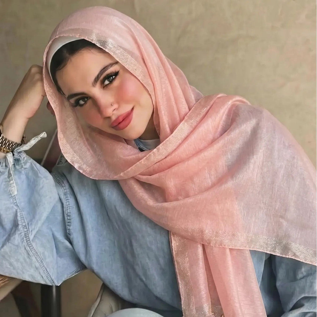 Pearl Beaded Gold Border Chiffon Hijab Shawl(MH236)