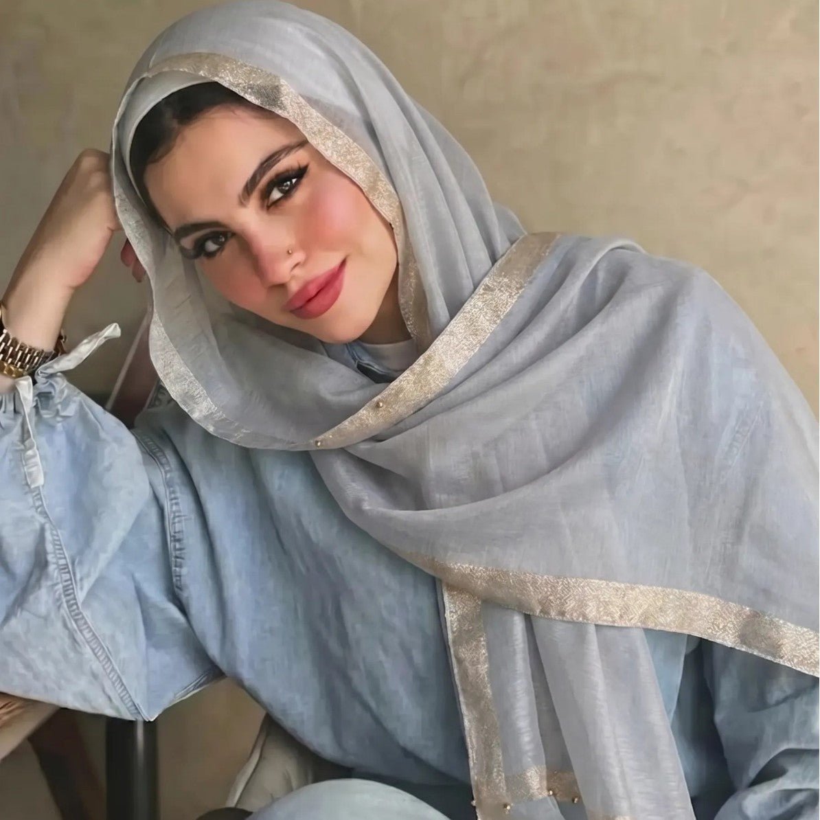 Pearl Beaded Gold Border Chiffon Hijab Shawl(MH236)