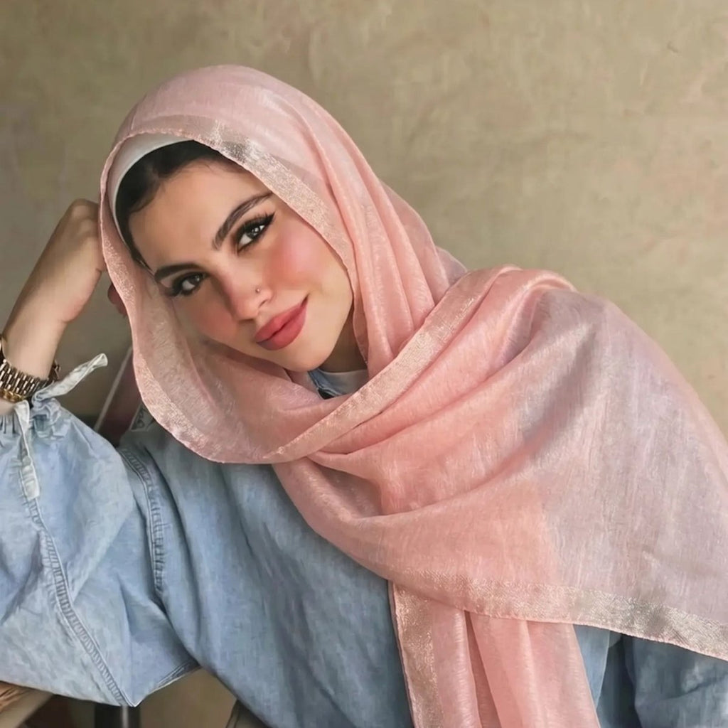 Pearl Beaded Gold Border Chiffon Hijab Shawl(MH236)