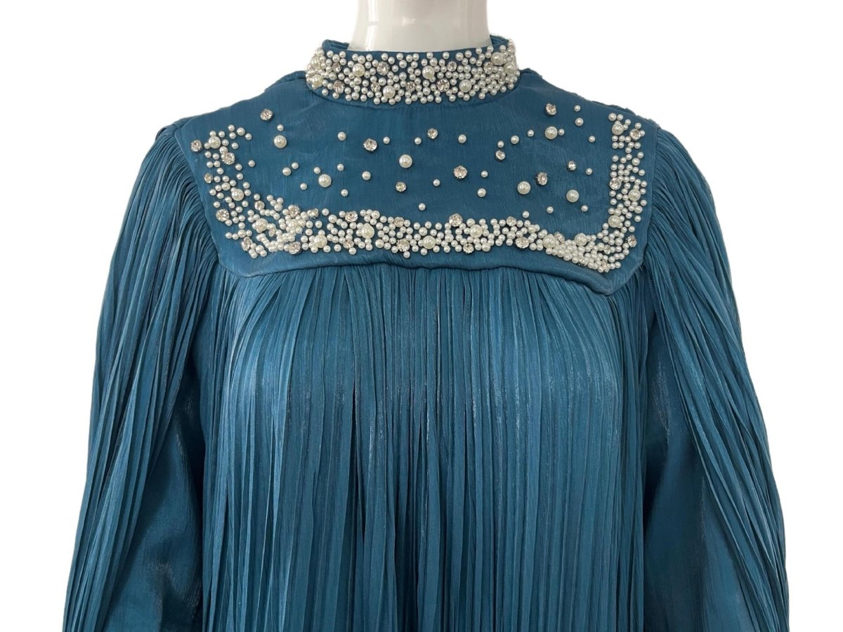 Pearl & Crystal Beaded Pleated Chiffon Maxi Gown(MA441)