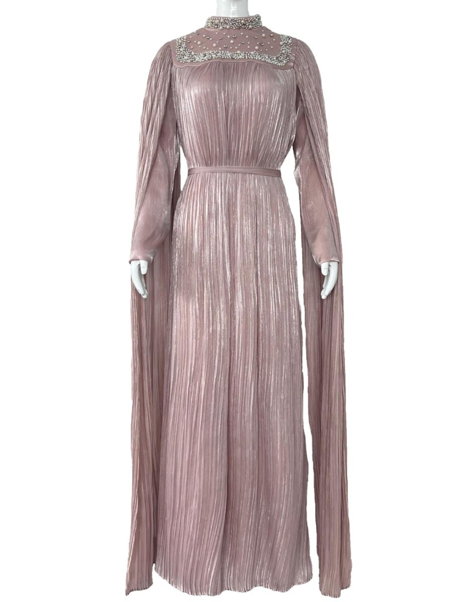 Pearl & Crystal Beaded Pleated Chiffon Maxi Gown(MA441)