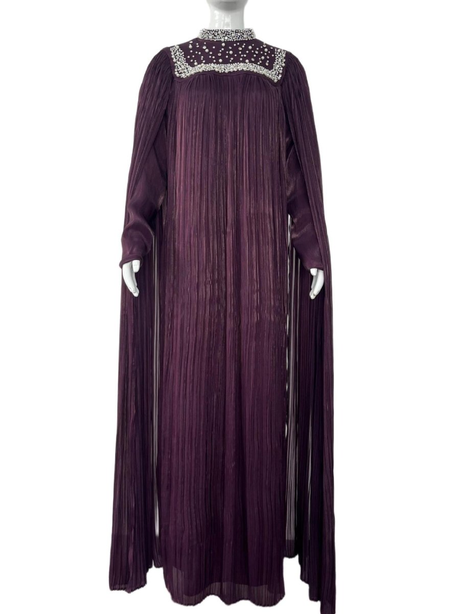 Pearl & Crystal Beaded Pleated Chiffon Maxi Gown(MA441)